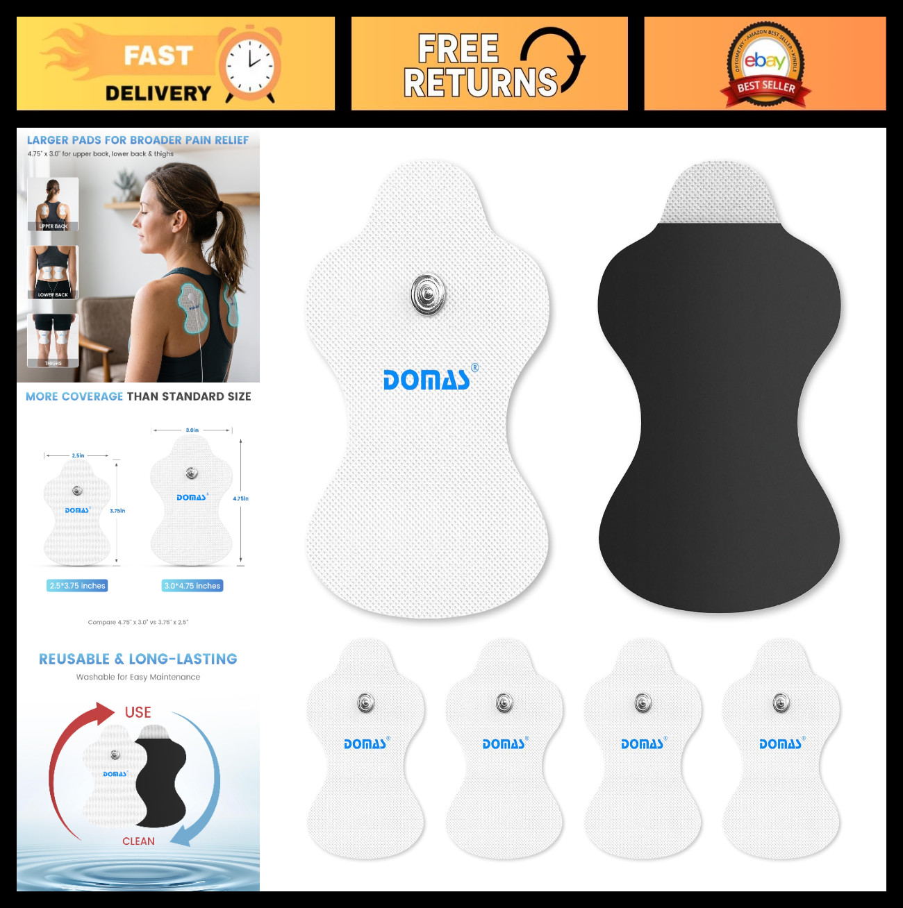 6 Large TENS Electrode Pads for Pain Relief, 4.75″ x 3″, Compatible with TENS Un
