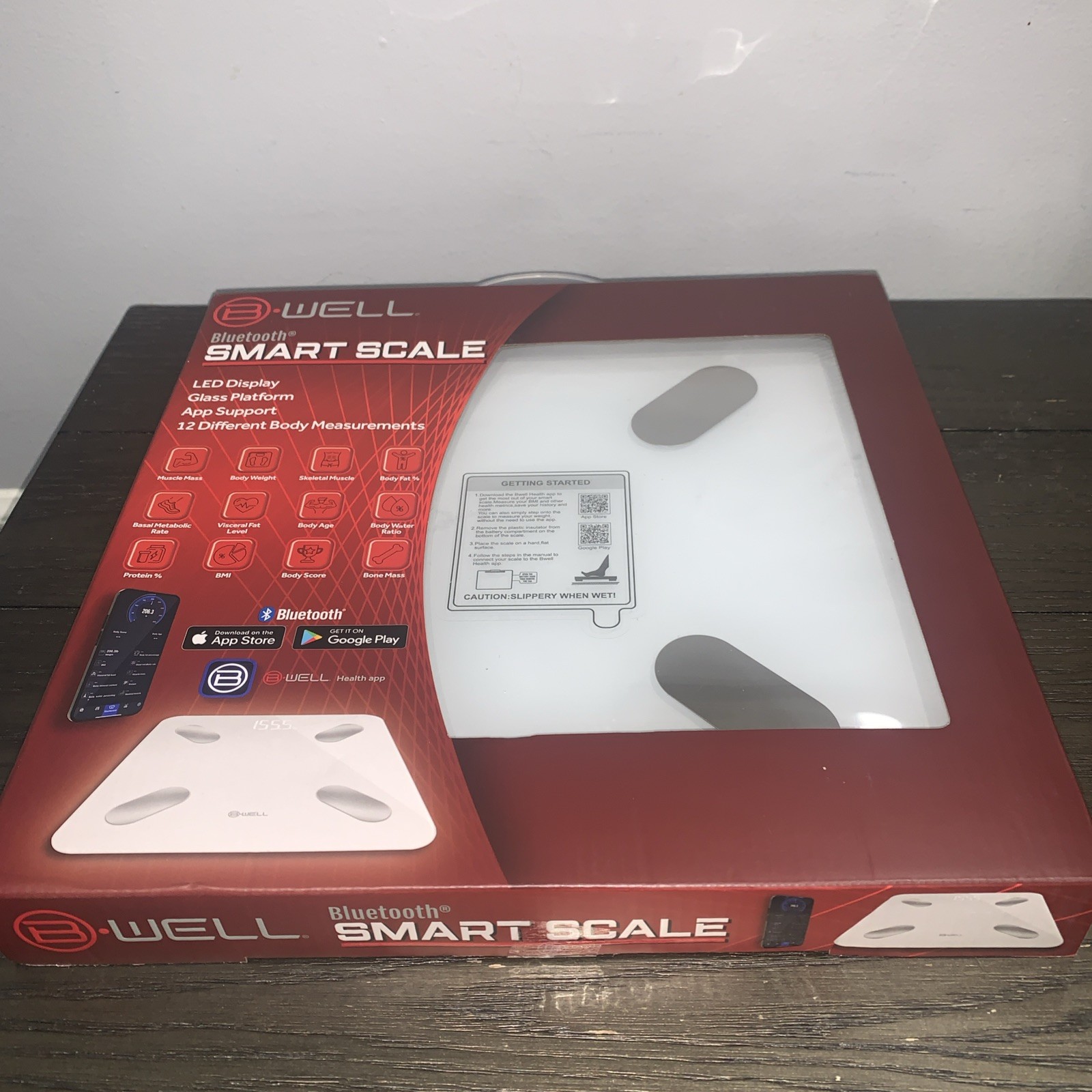 New/B Well Bluetooth Smart Scale 12 Metric Modes Glass Platform LED Display