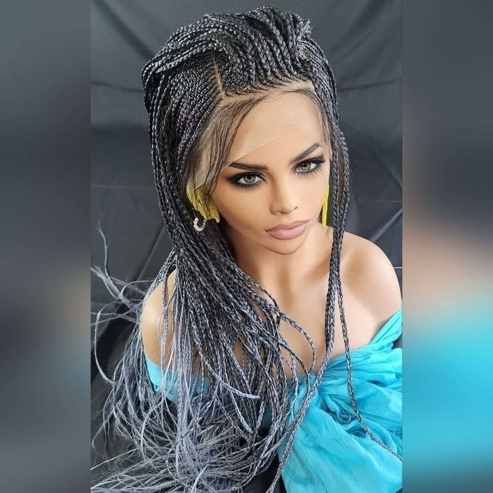 Braided Wig Micro Braids Lace Front Glueless 26in Silver Black Ombre Handmade