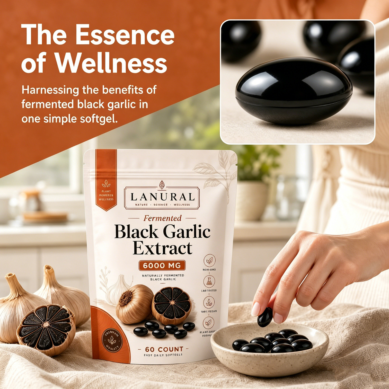 Lanural Fermented Black Garlic, Odorless Capsules, 60 Count