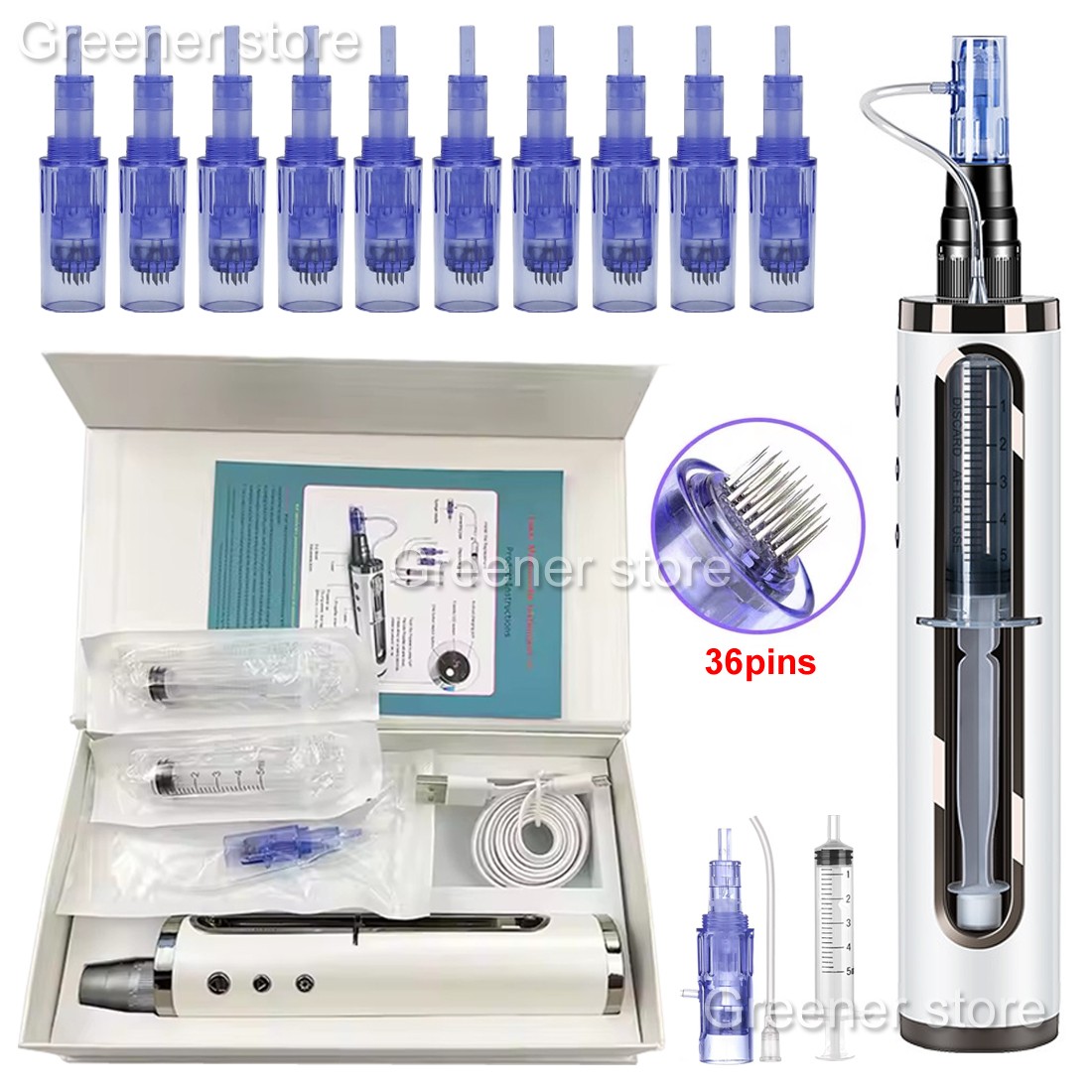 Micro Pen Mesotherapy & 10Pcs 36Pin Replacement Needle Cartridges Tip Face Care
