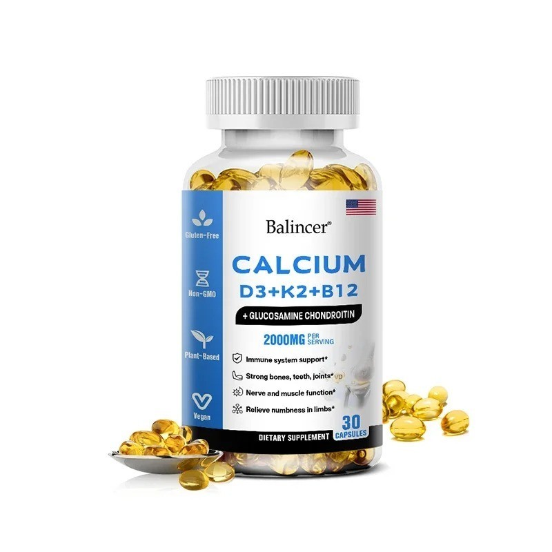 Calcium Capsules w/ D3+K2+B12 Support Bones Muscles Health Immune System 120Caps