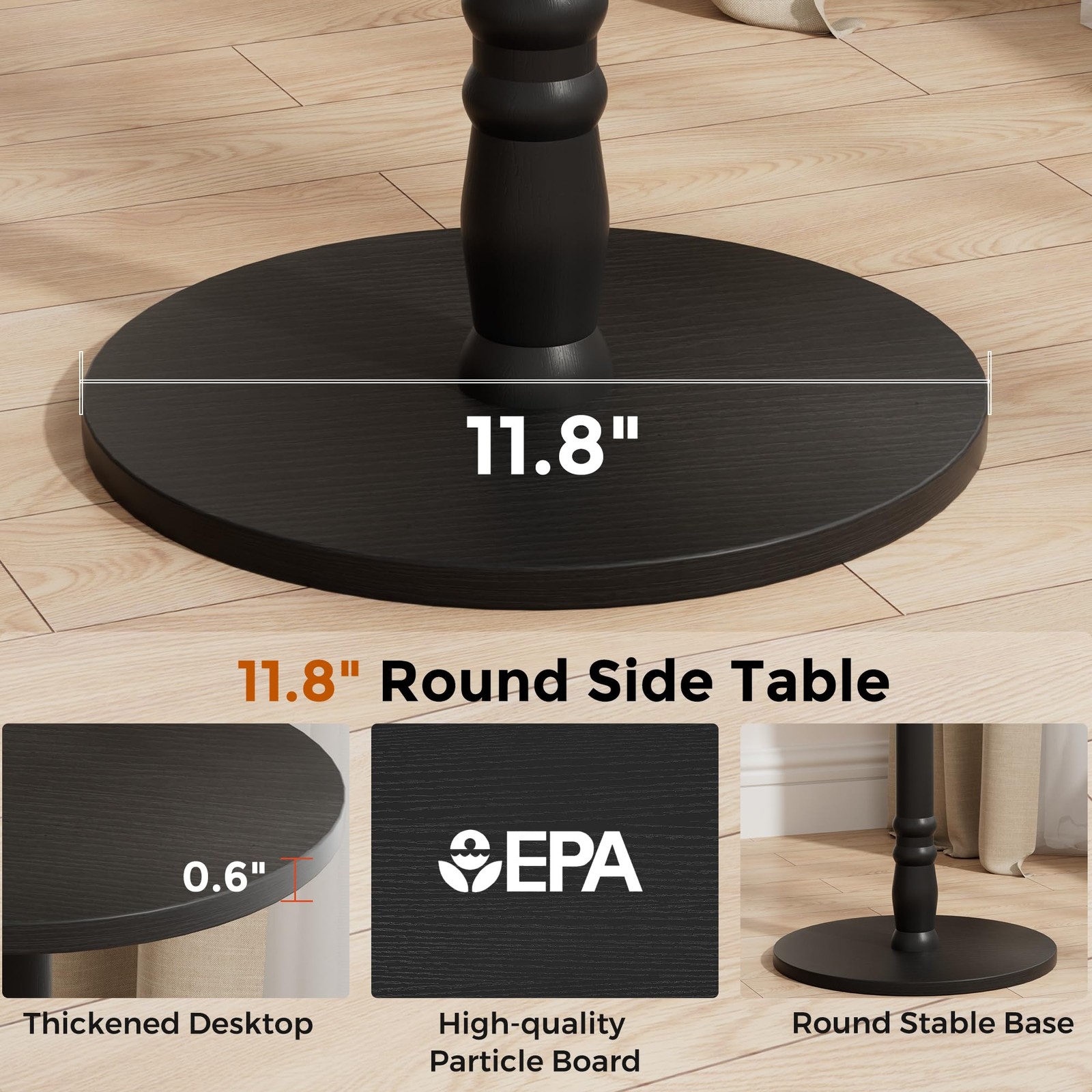 Homleke 12 Round Side Table Solid Wood Pillar Wood Top Base Small Drink Accent