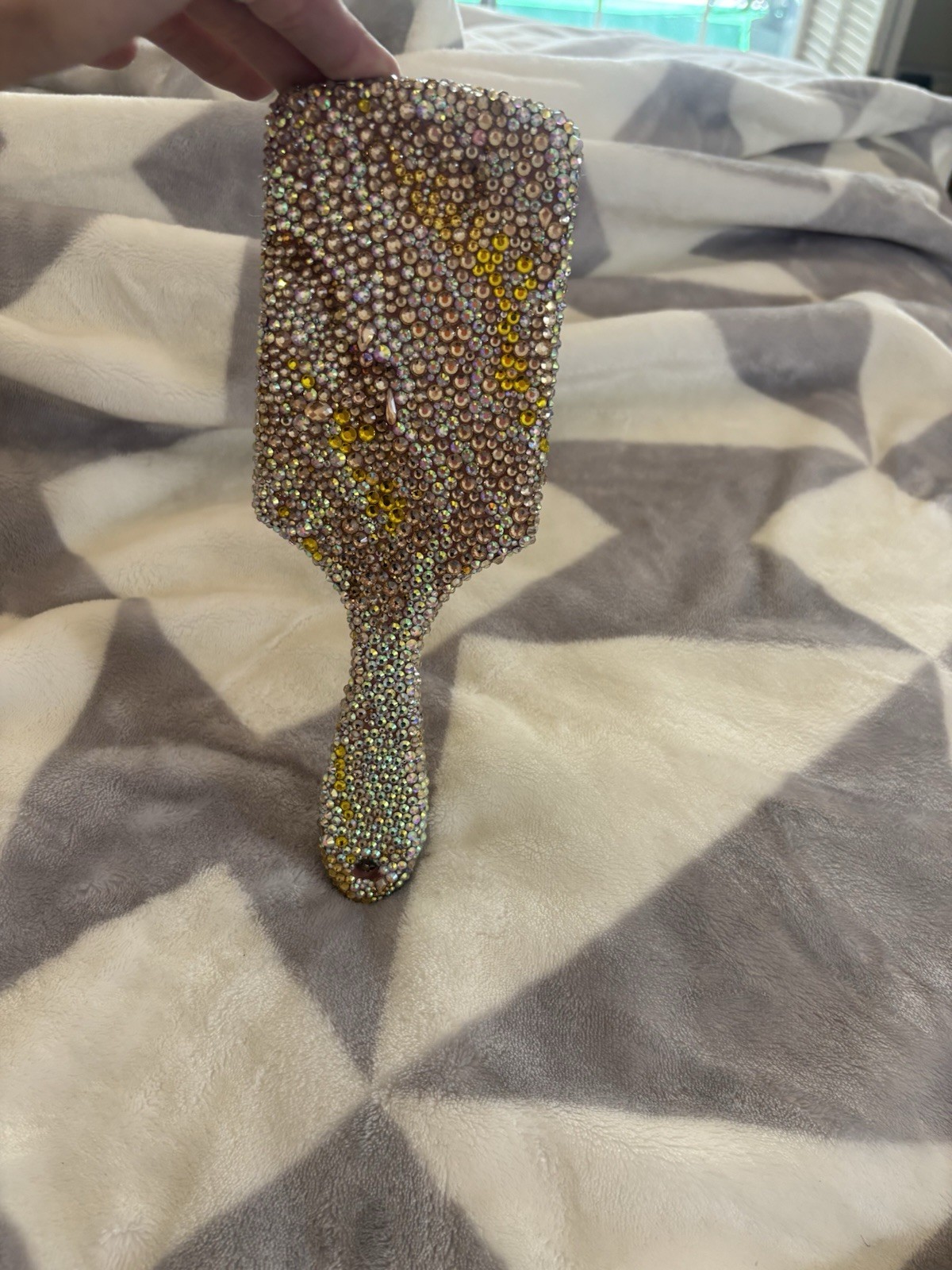 Bling Rhinestone Paddle Hair Brush Gold & Clear Cushion Base 10 in Rectangle