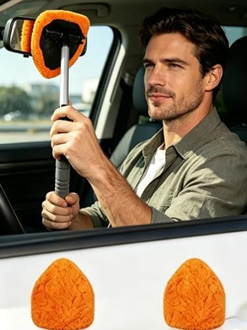 Orange Car Windshield Cleaner Tool with Reusable Pads – Extendable Handle