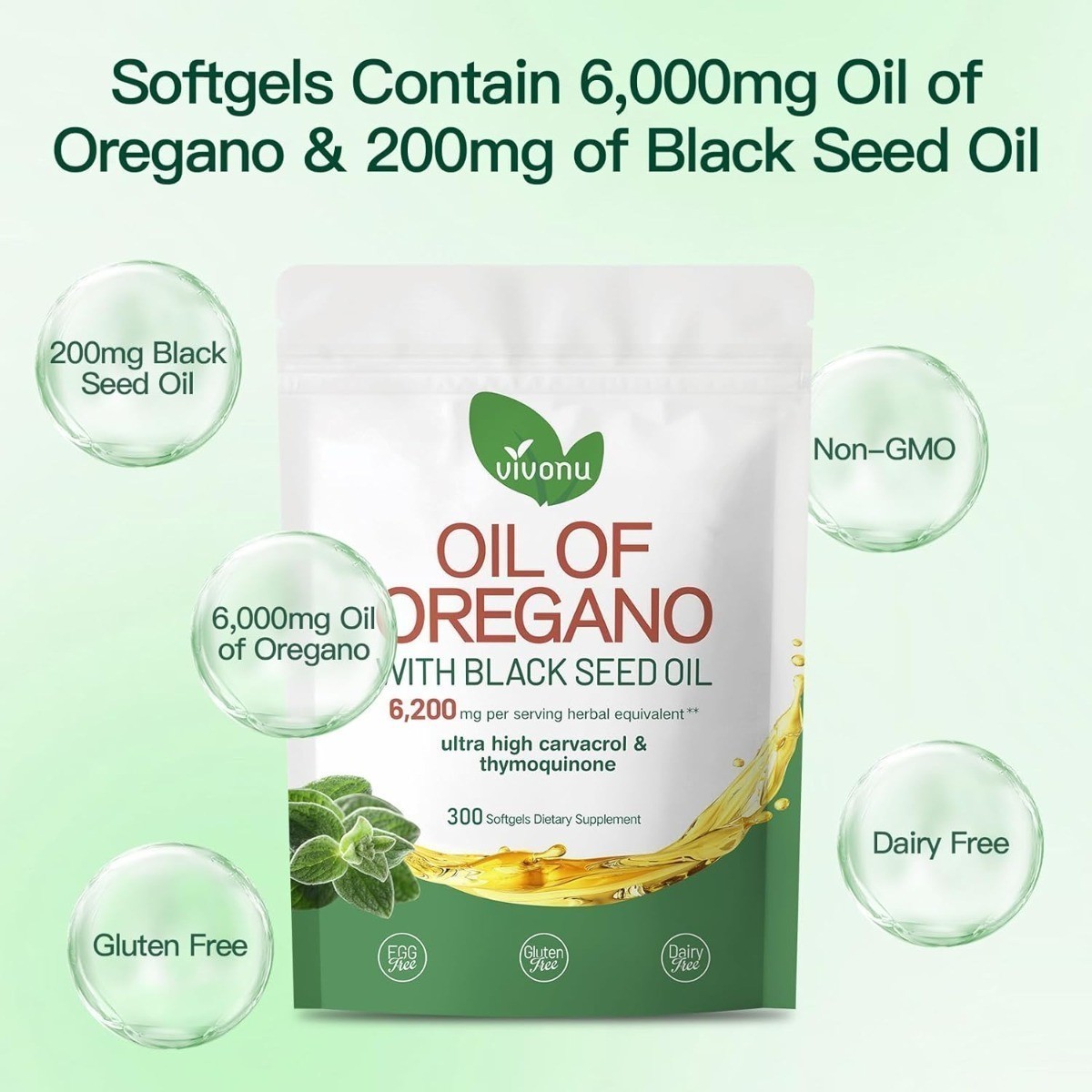 NEW VivoNu Oil of Oregano Capsules with Black Seed Oil Organic Oregano Softgels