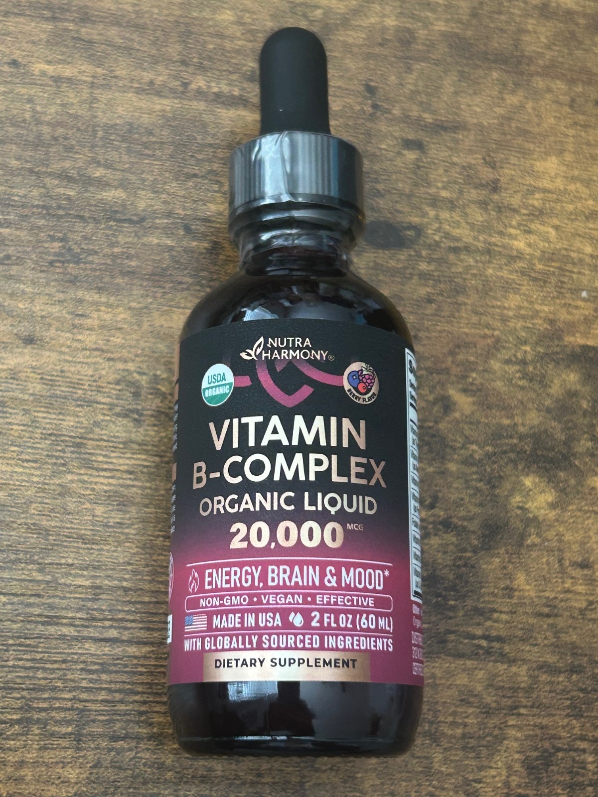 Nutra Harmony Organic B-Complex Liquid Drops 8-in-1 with B12 2 fl oz New Sealed