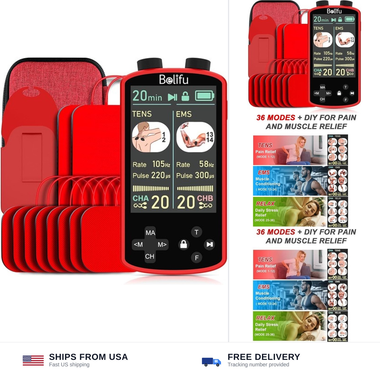 TENS EMS Unit Muscle Stimulator for Pain Relief Therapy – 4 in 1 TENS EMS Rel…