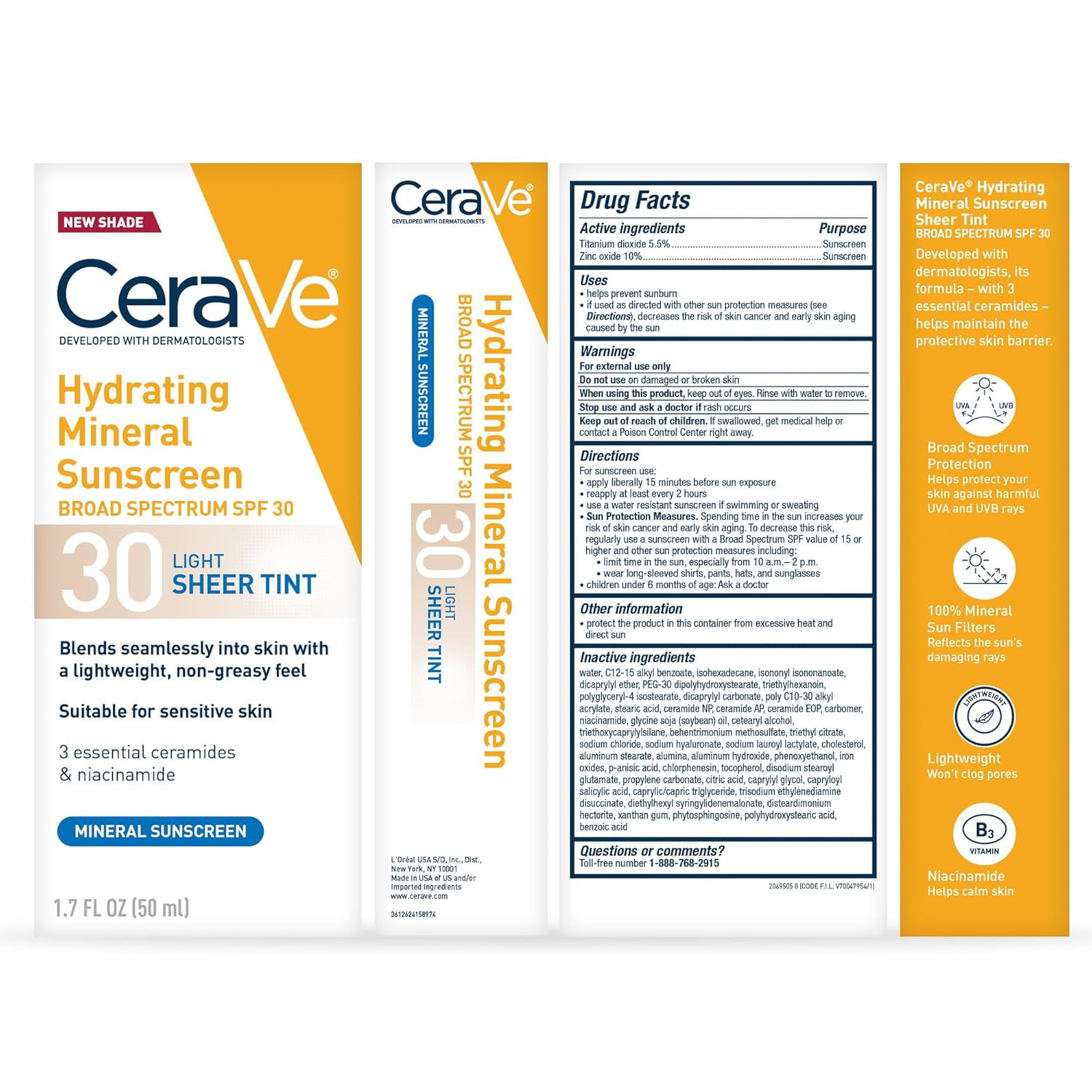 Cerave Hydrating Mineral Sunscreen SPF 30 with Sheer Tint, Tinted Mineral Sunscr