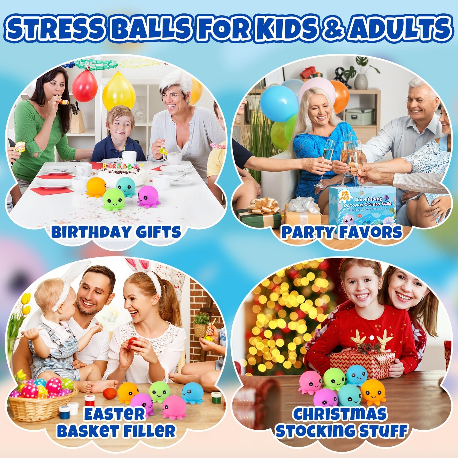 12 Pack Stress Balls for Adults, Cute Octopus Fun Squish Ball