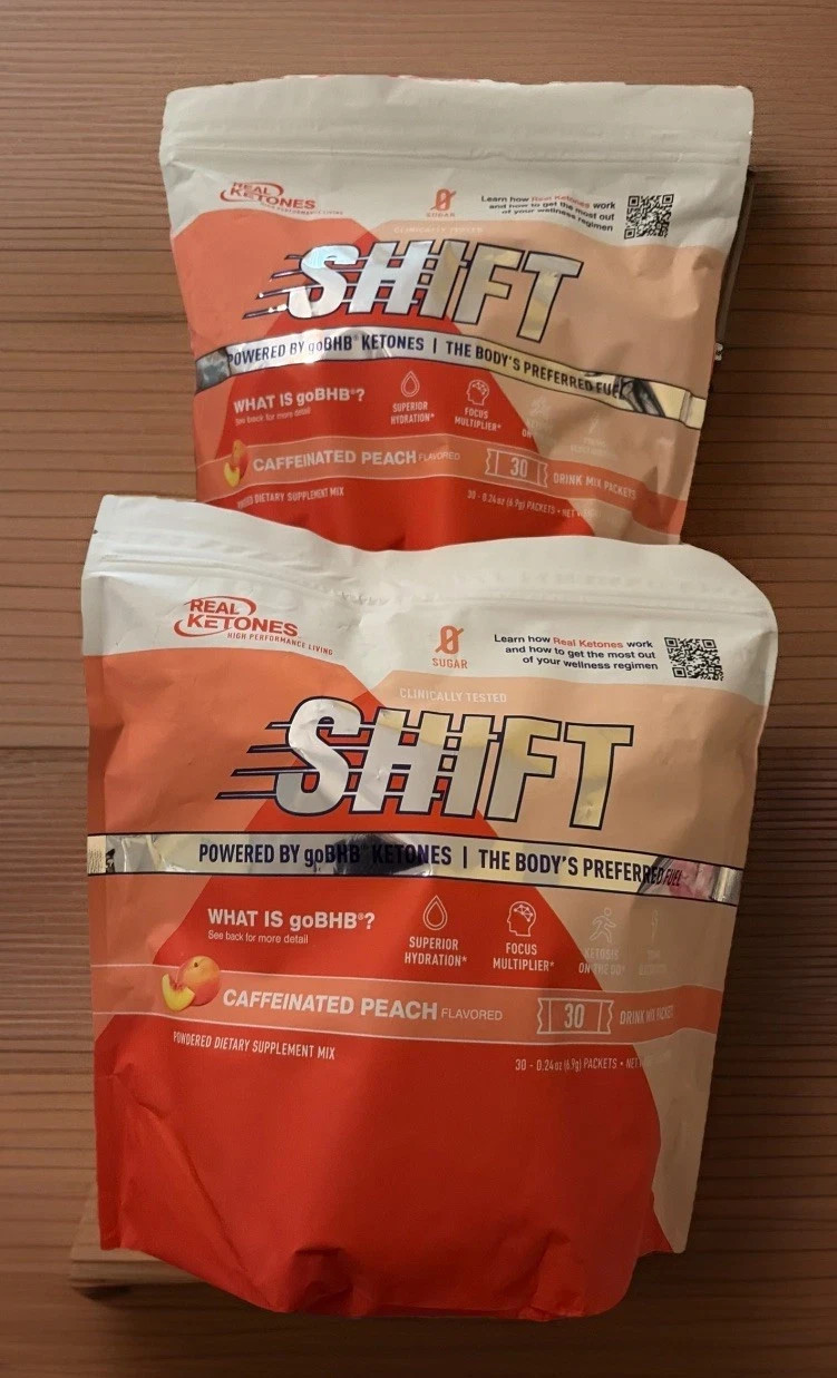 SALE 2 Packs Real Ketones, Shift, caffeinated peach Gobhb Drink Mix Exp 2028