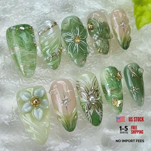 30Pcs Green Press on Nails Medium Almond Fake Nails with 3D 3D Flower Nails-2