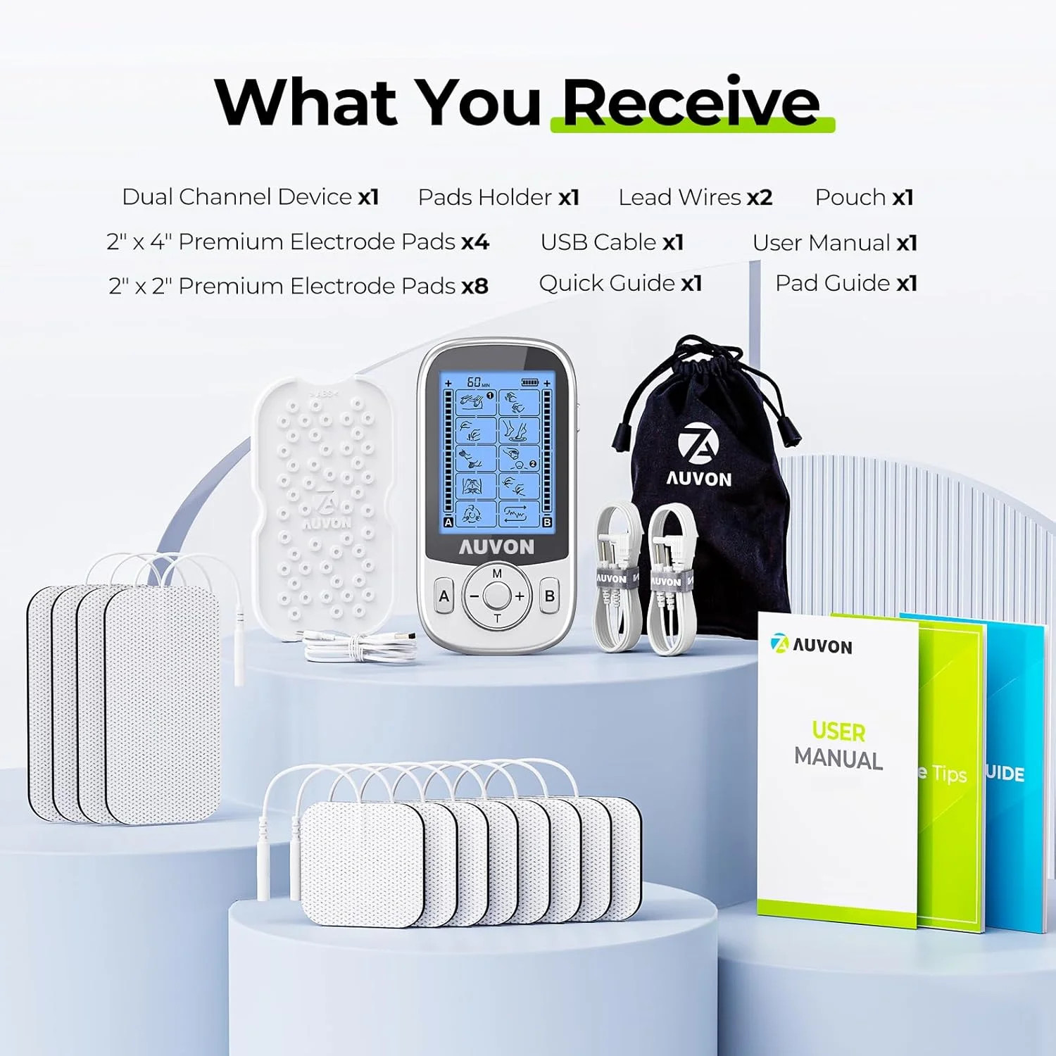 AUVON Rechargeable 24-Mode TENS Unit with Independent Dual Channels for Back Pai