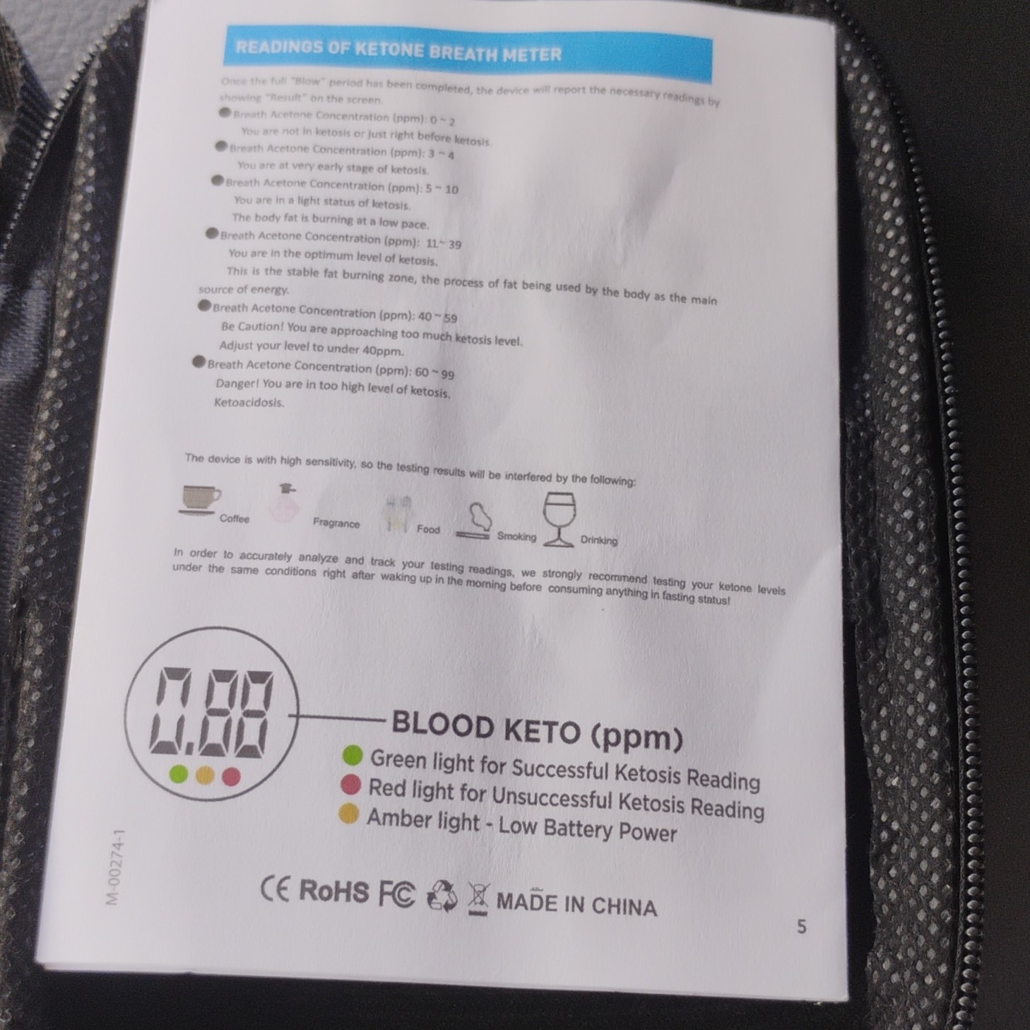 Ketone Breath Meter Digital Electronic Breathalyzer White w/ Case & Manual