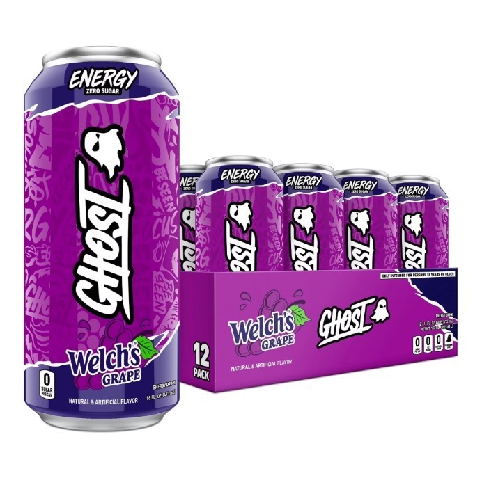 GHOST Zero Sugar Energy Drink Welch’s Grape 16 oz Cans 12 Pack, New, Sale