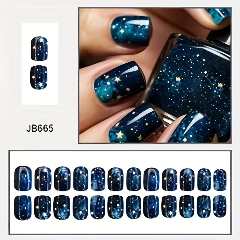 24pcs Square Press-On Nails, Medium, Blue Galaxy Starry Sky, Events, Everyday