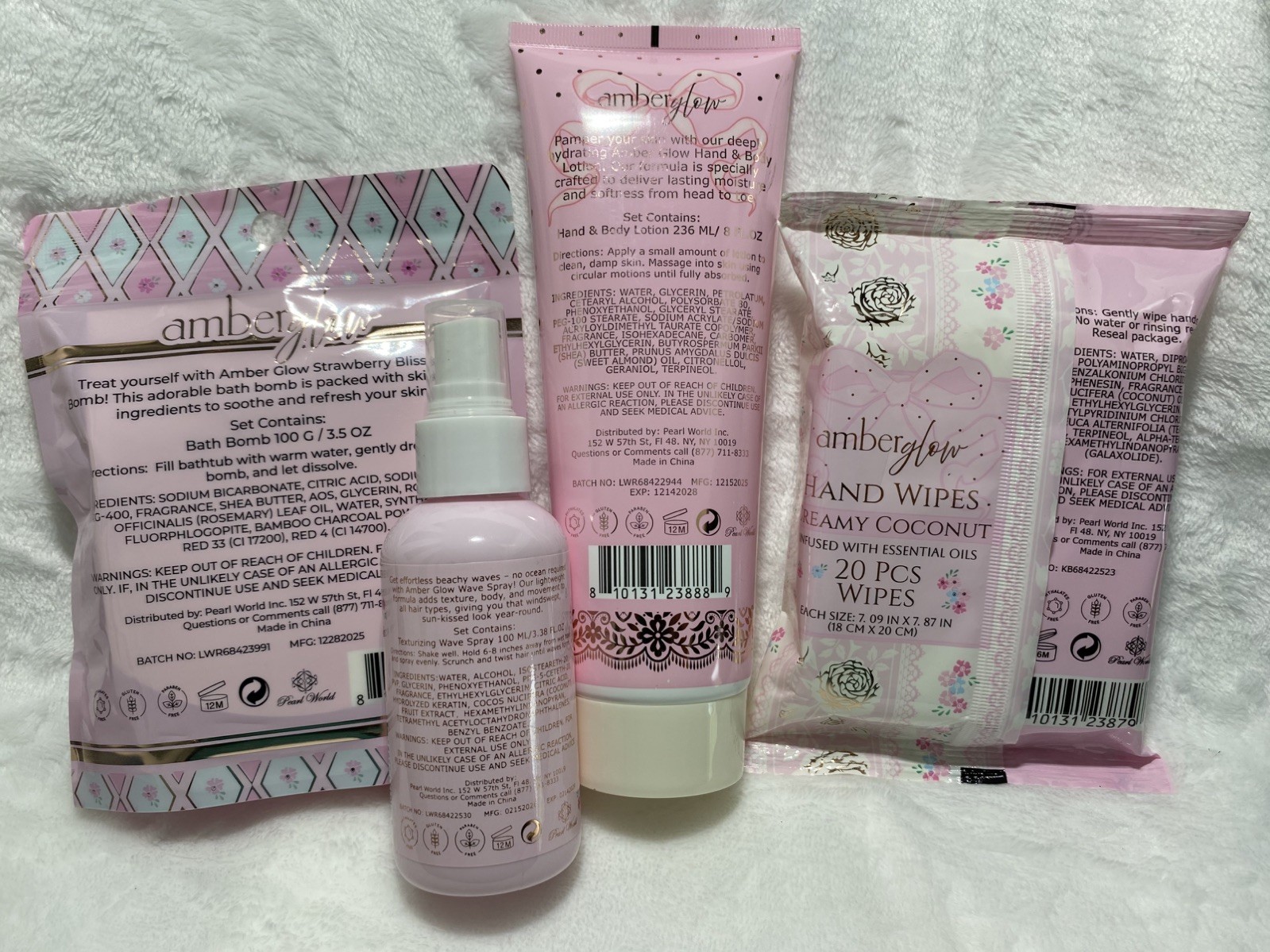 AMBER GLOW Set of 4: Hand wipes, Wave Spray, Body Lotion & Bath Bomb