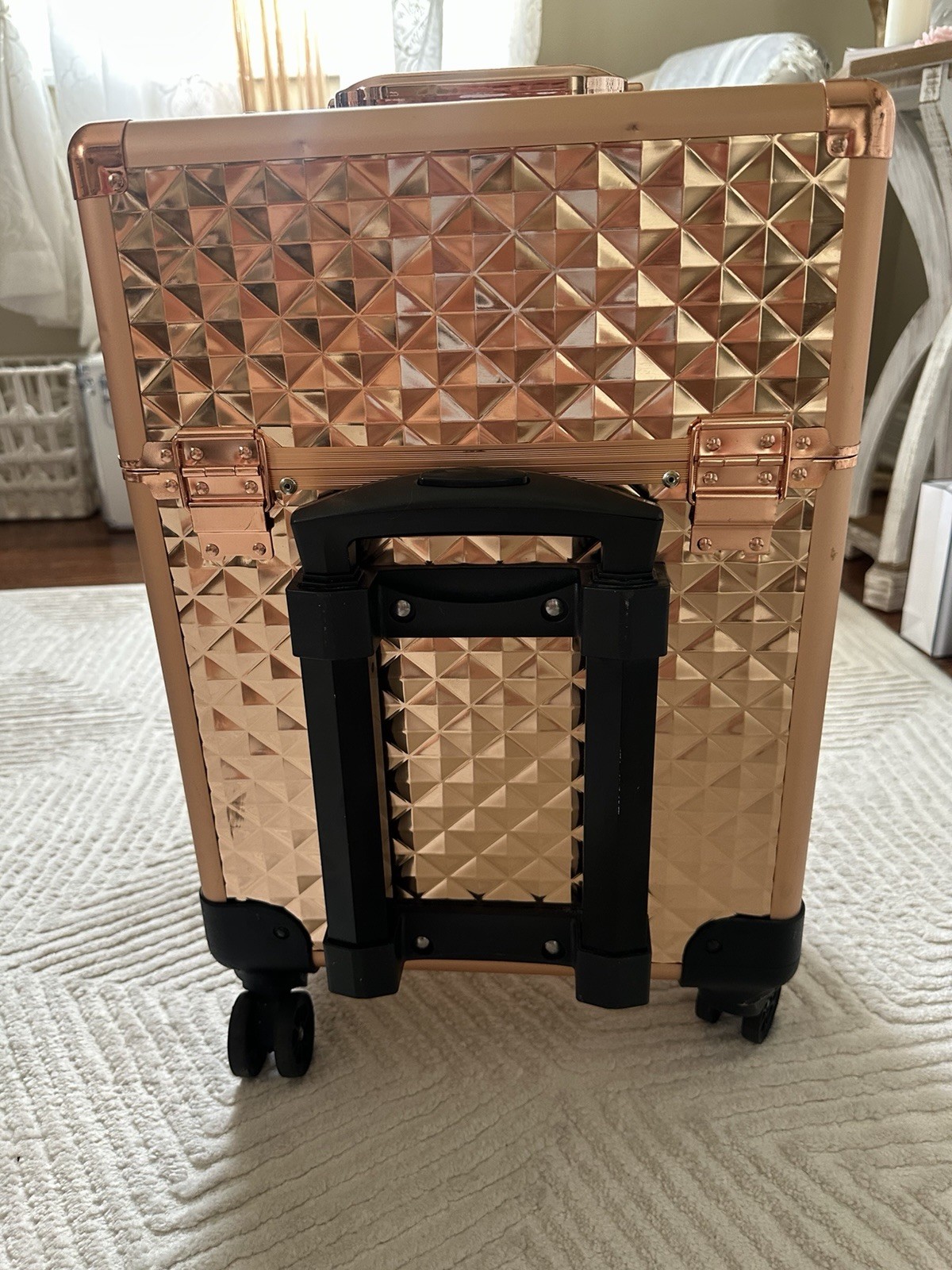 Rose Gold & Black Rolling Makeup Case w/ Wheels, Retractable Handle 20.5in