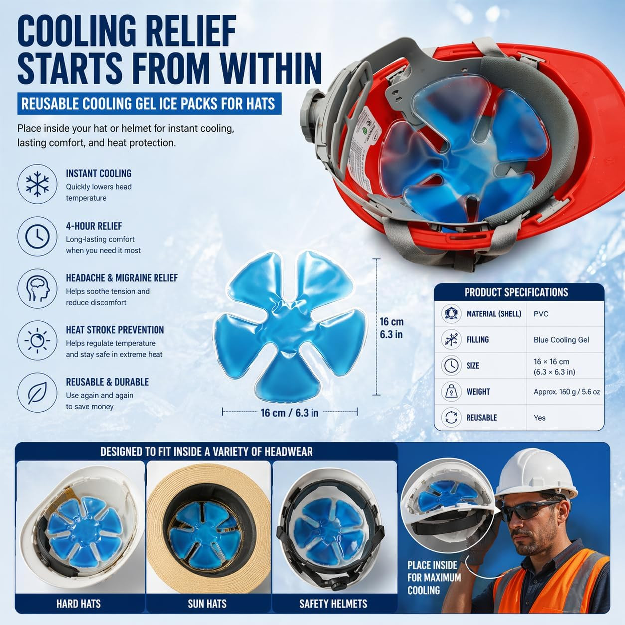 Reusable Cooling Gel Ice Packs for Hats, Adjustable Cold Therapy Headband Insert