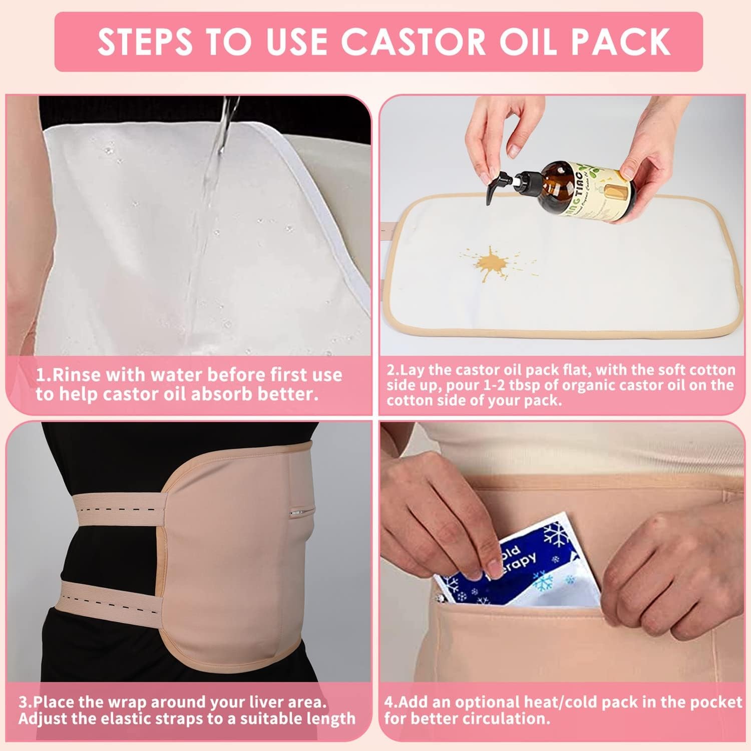 2x Organic Castor Oil Pack Wrap Reusable Castor Oil Compress Wrap Kit Adjustable