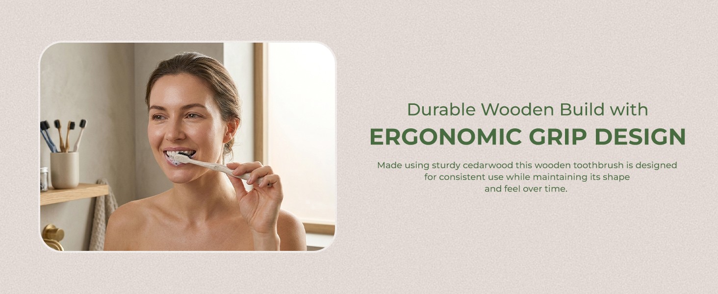 Wide Head Toothbrush Set with Cedarwood Wooden Handle & Soft Charcoal Bristles –