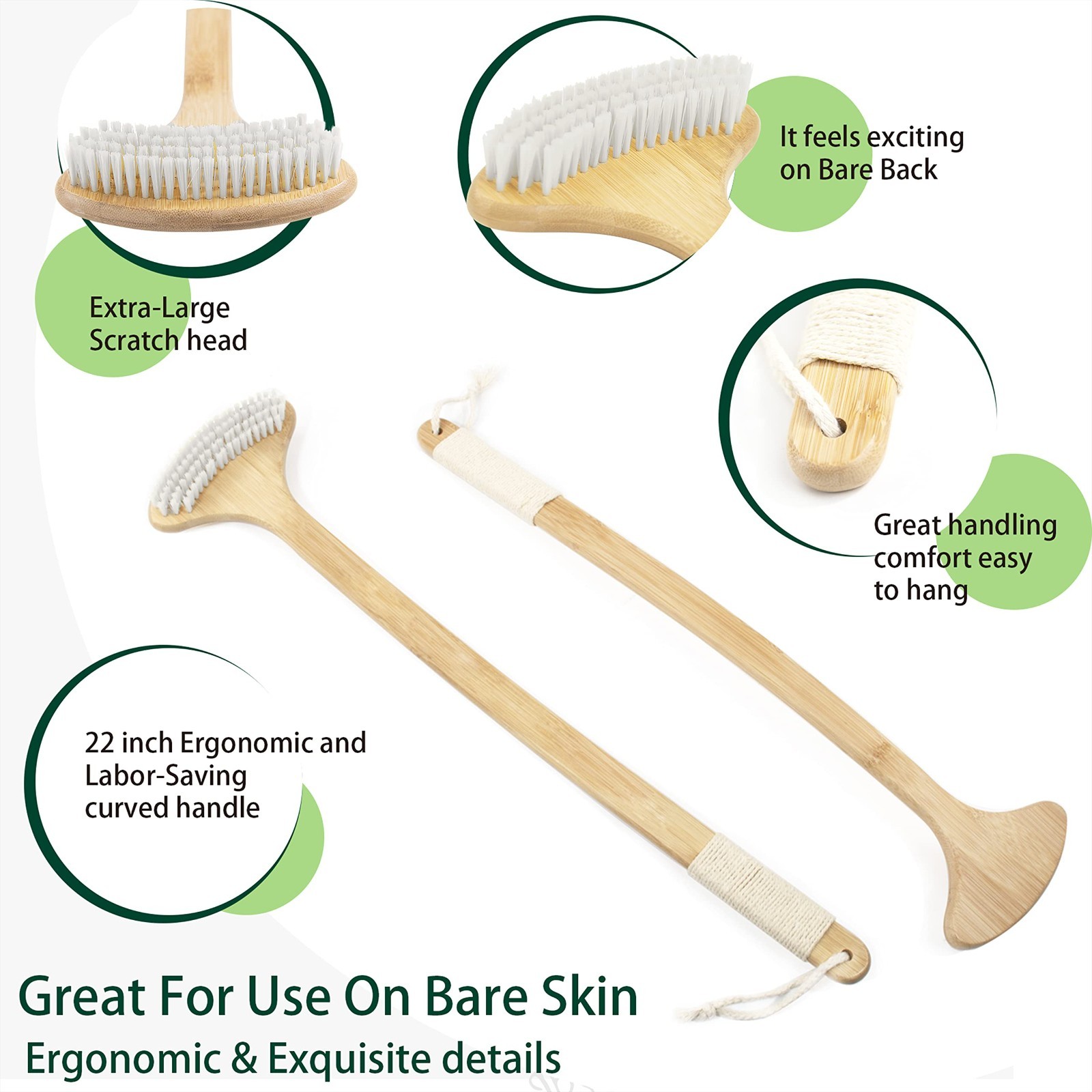 Extra Long Bamboo Back Scratcher 22″ – Curved Handle, Wide Brush Head, Itch Reli