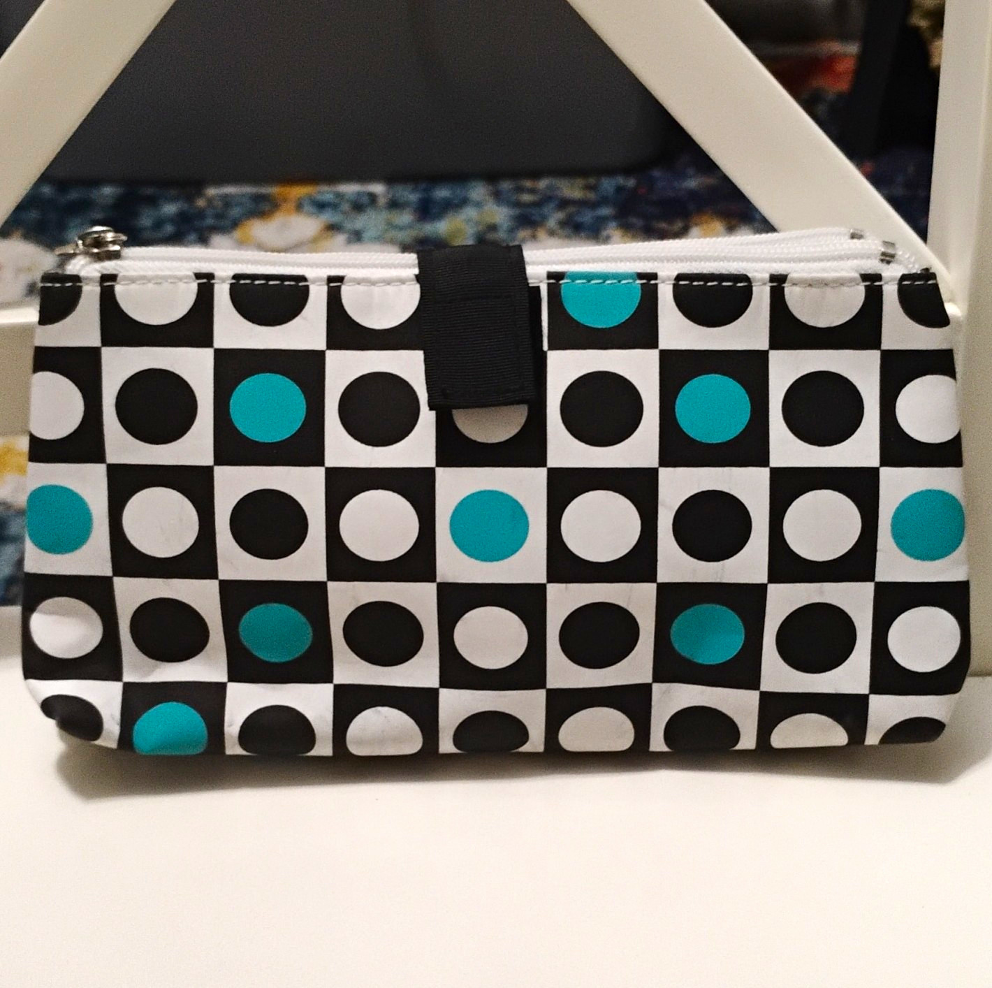 Black White Blue Polka Dot Zippered Makeup Bag Cosmetic Pouch Zip Closure