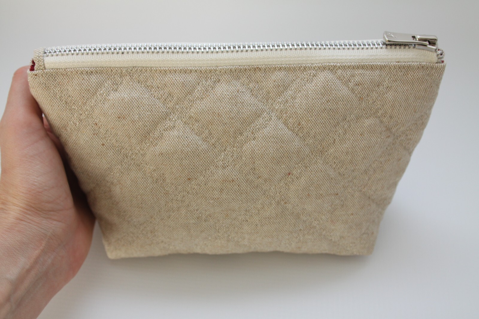Unique Beige Cotton Makeup Pouch Natural Fabric Zip Top Cosmetic Bag.