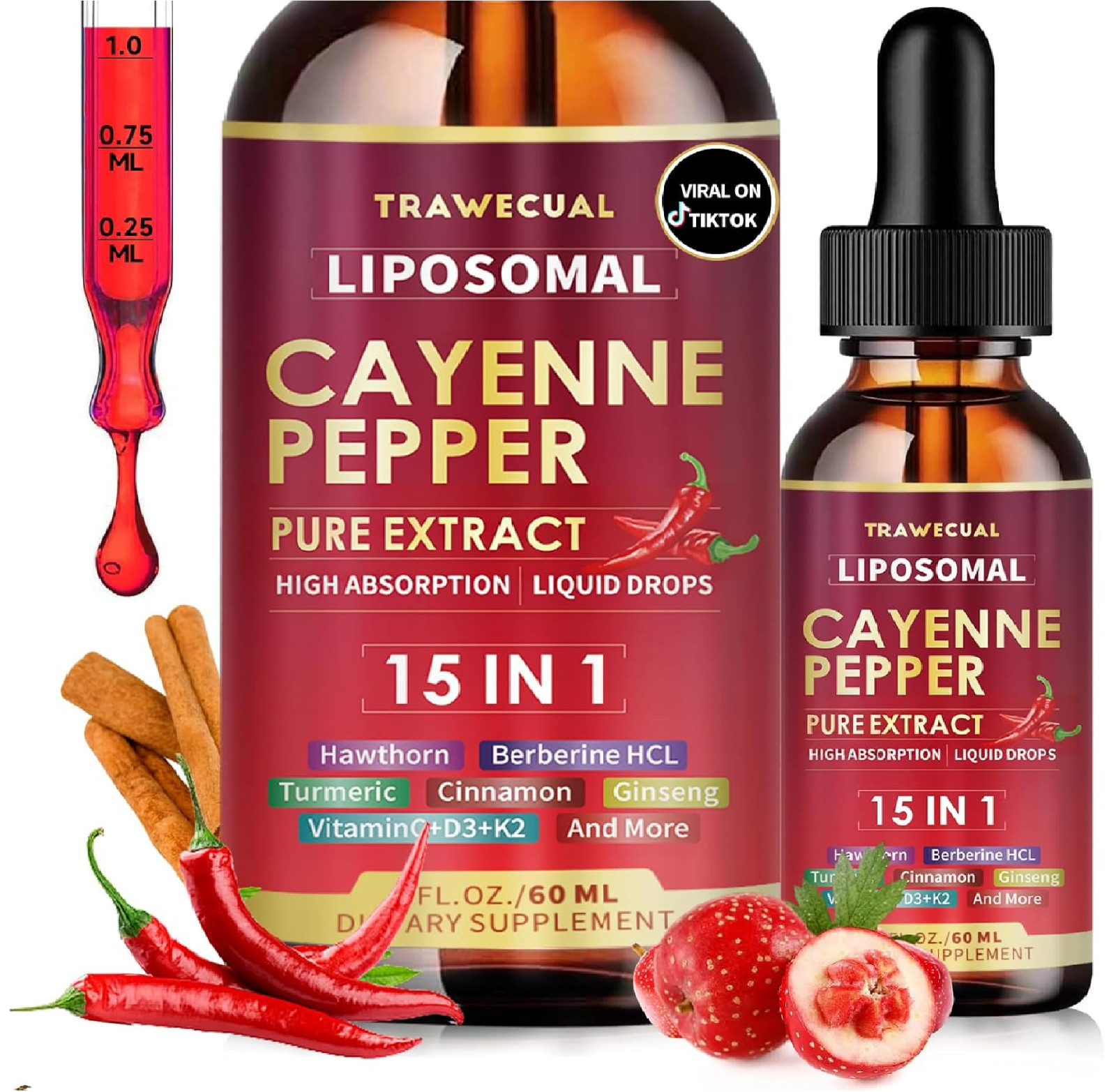 15 in1 Liposomal Cayenne Pepper Liquid Drops Supplement, with Vitamin D3 K2, Haw