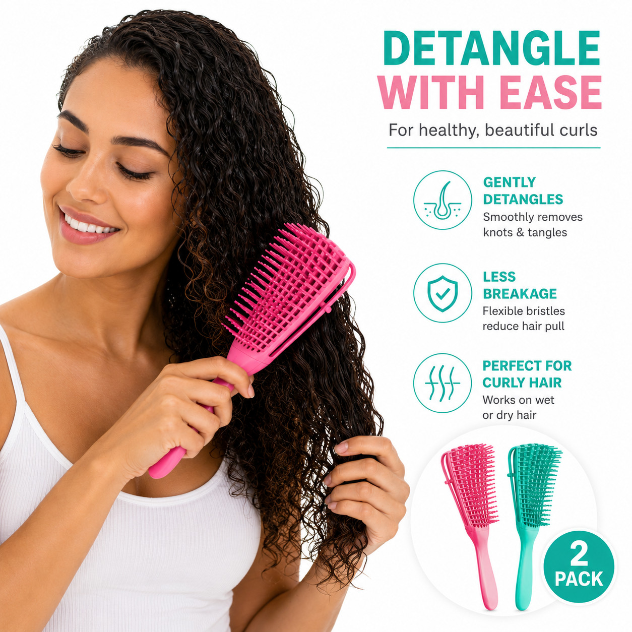 2 Pack Detangling Brush for Curly Hair – Flexible Bristles, Wet & Dry Use