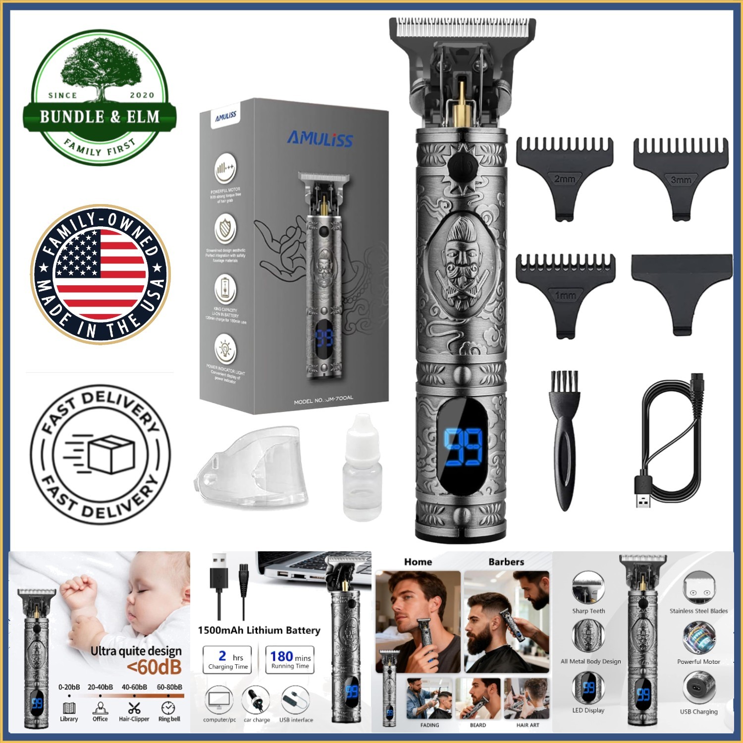 Rechargeable Hair Clipper Set, Low Noise Trimmer with USB Charging & Guide Combs