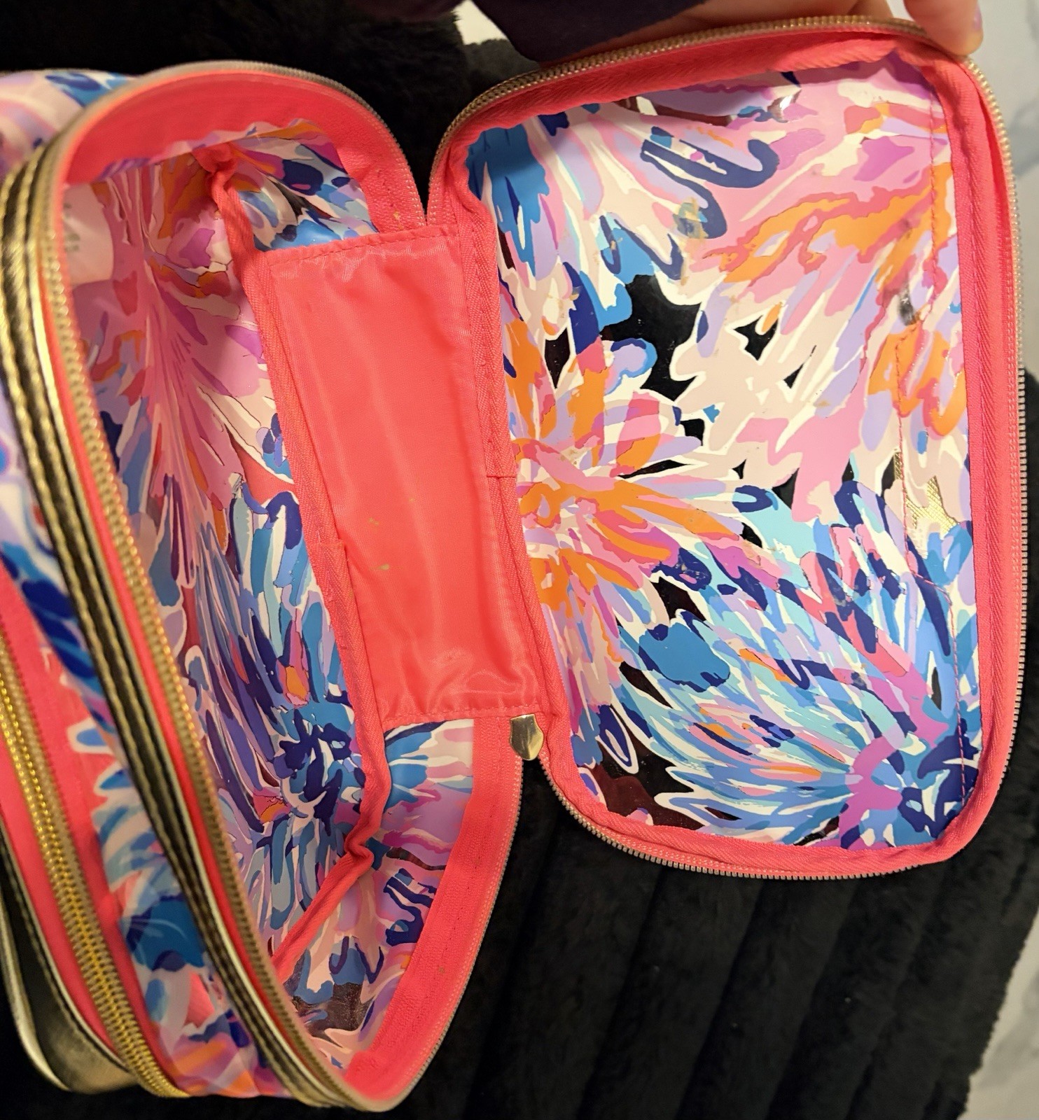 Lilly Pulitzer Multicolor Floral Makeup Bag Gold & Pink Zipper Closure