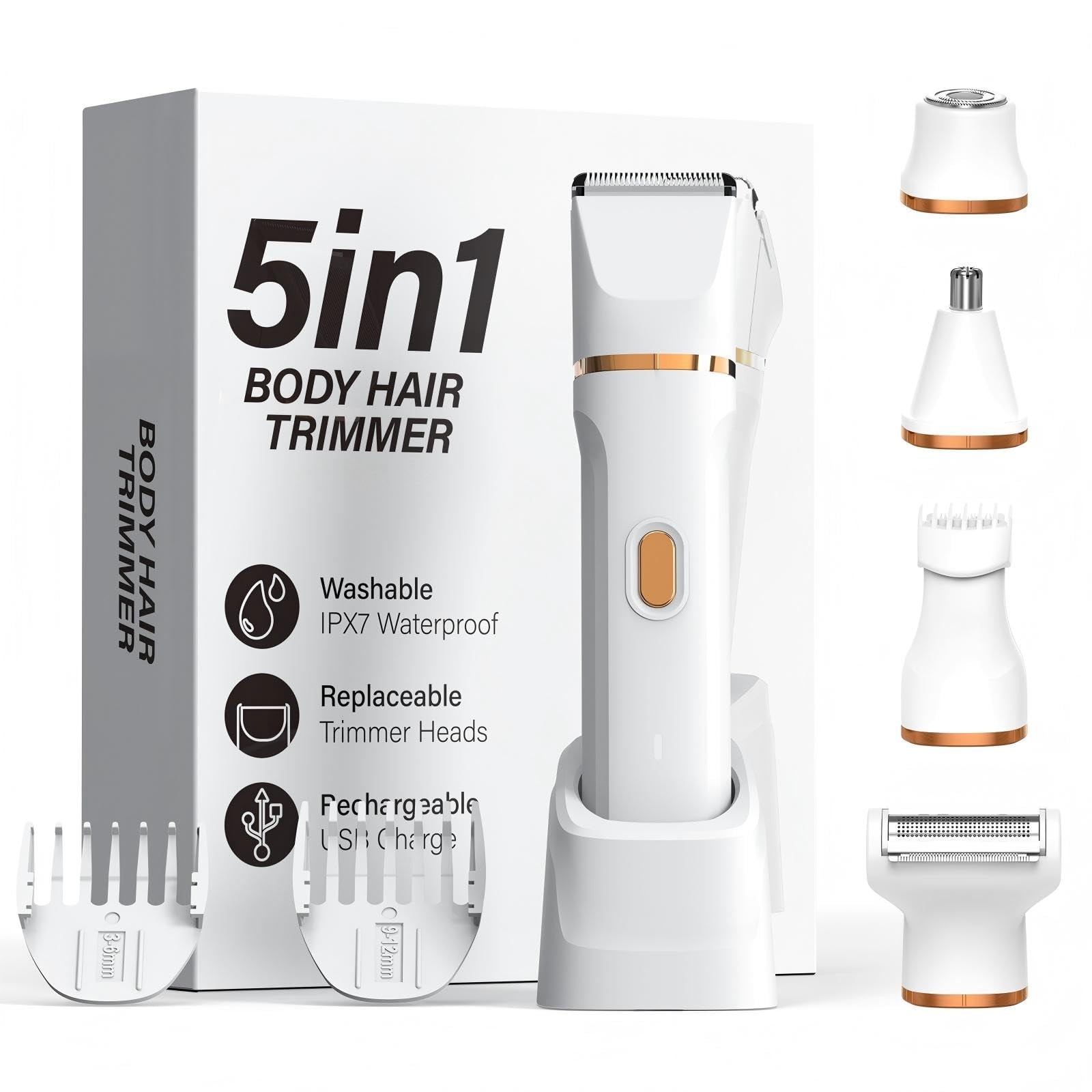 5-in-1 Bikini Trimmer for Women, Electric Razors Shaver IPX7 White