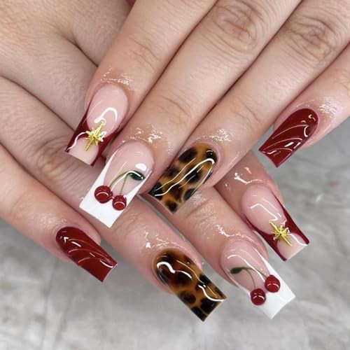 Medium Square Press on Nails Brown Leopard Print and Red Red & Leopard Print