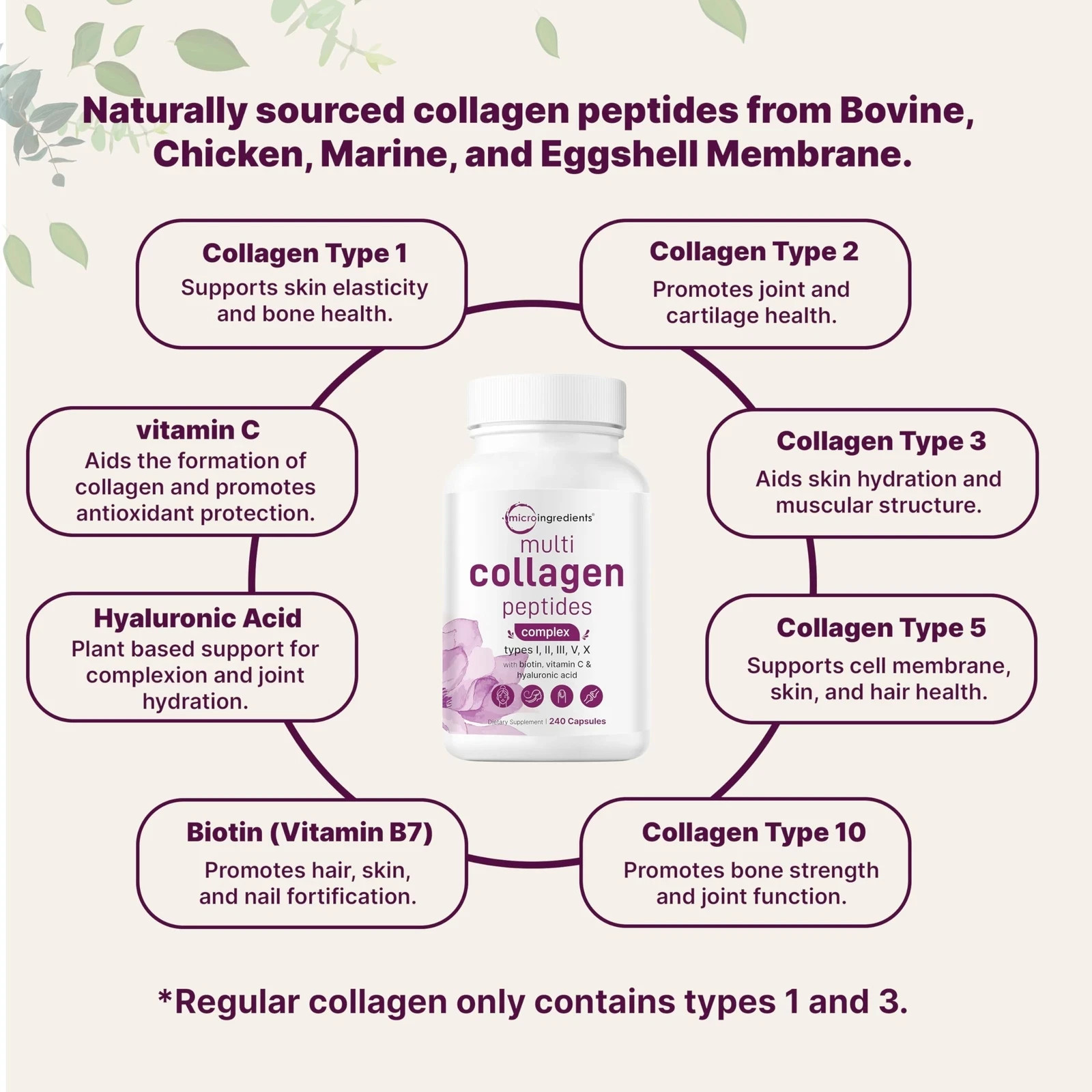 Micro Ingredients Multi Collagen Pills 240 Ct Hair Skin Nail Joint Support