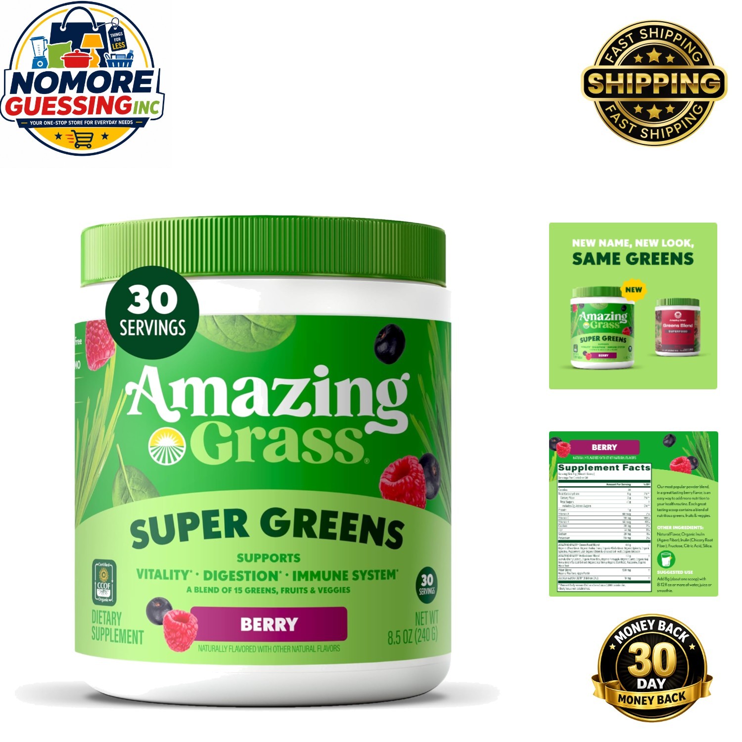 30 Servings Berry-Flavored Organic Superfood Powder with Spirulina & Probiotics