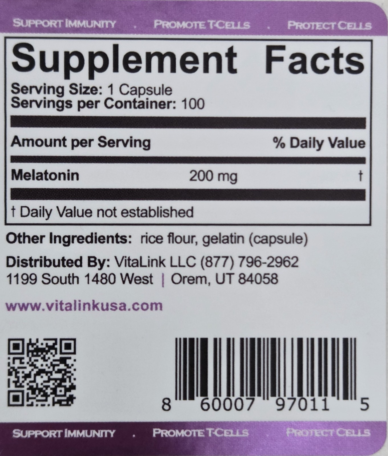 VitaLink High Dose Melatonin 200 mg 100 Capsules (Potent Immune Support)