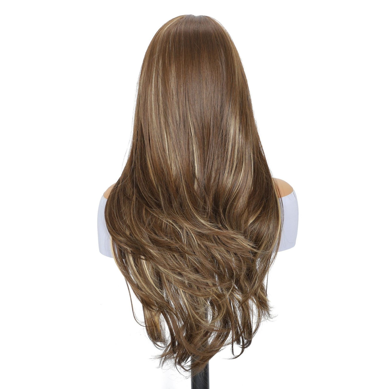 Brown Highlight Long Wig With Curtain Bangs Layered Synthetic Full Wig for Women