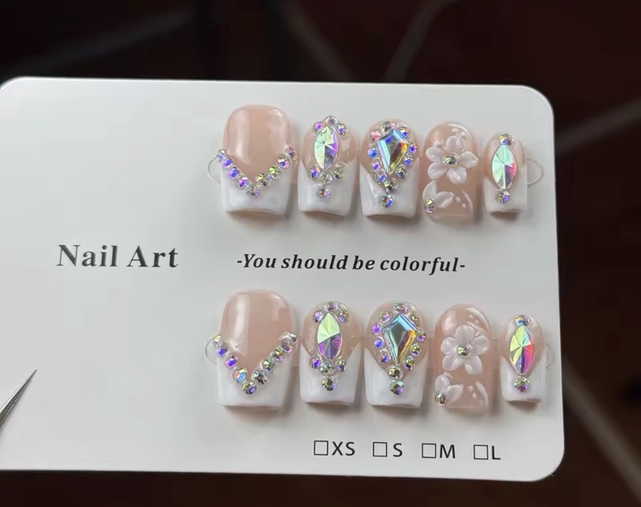 Pink & White 3D Flower Rhinestone Square Press-On Nails Medium Full Cover