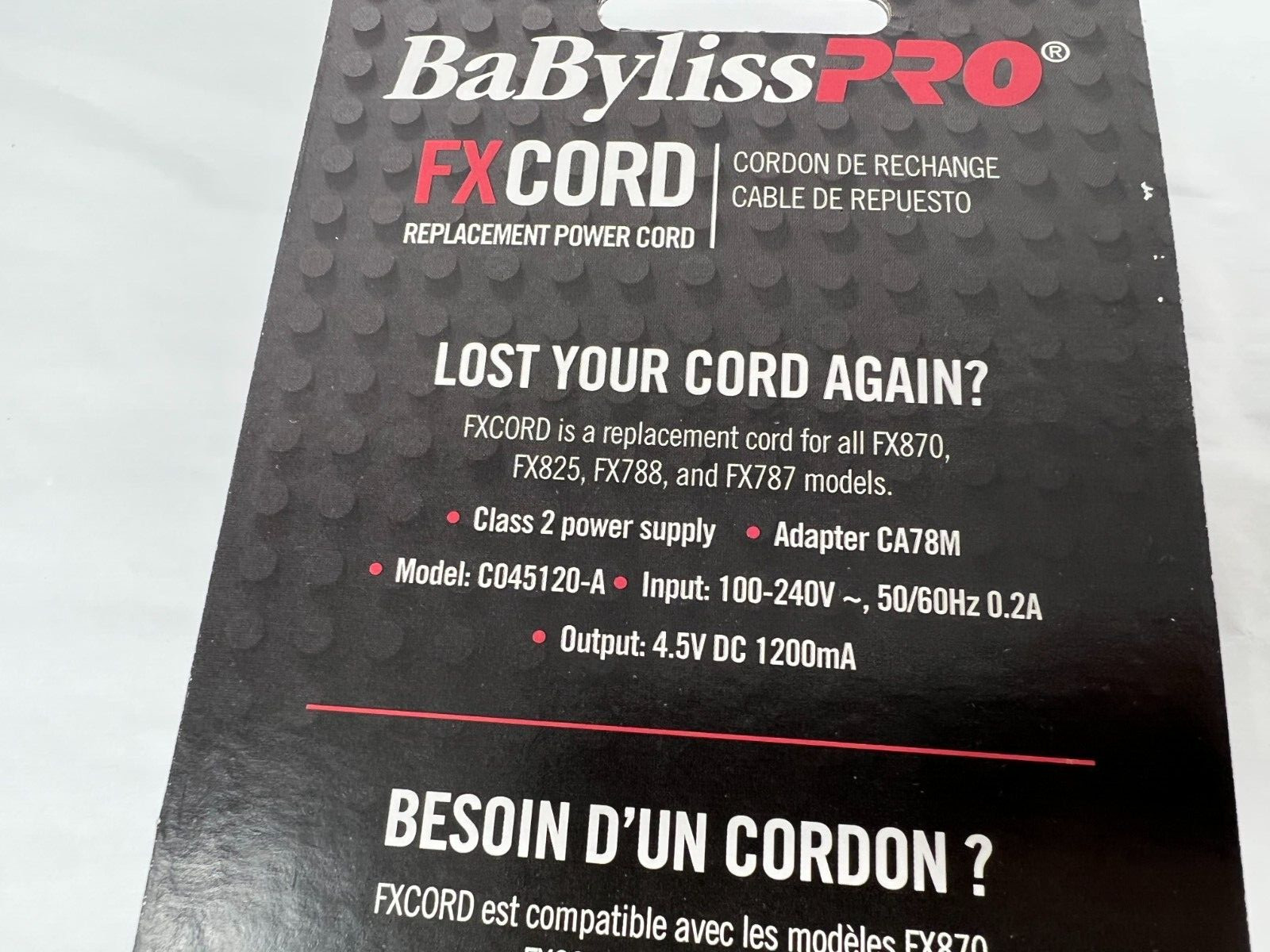 BABYLISS Barberology Replacement Power Cord for FX870, FX820, FX788, FX787 Model