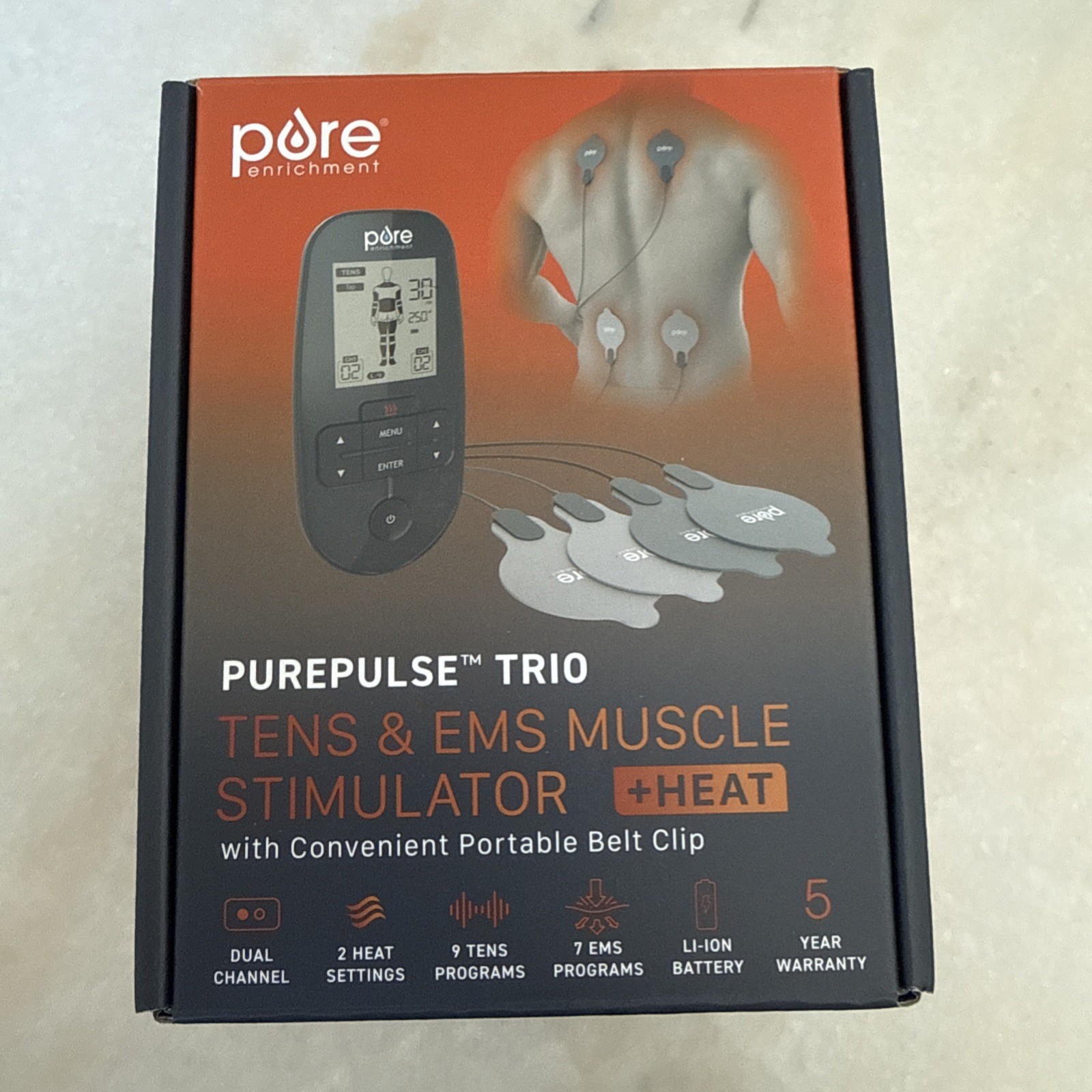 New OPEN BOX Pure Enrichment PurePulse Trio TENS EMS + Heat Muscle Stimulator
