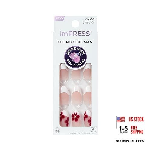 Kiss Impress No Glue Mani Press On Nails, Design, ‘Hampton’, Red, Medium Size,