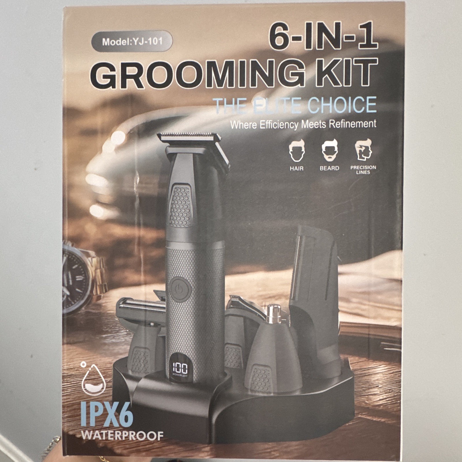 YJ-101 6-in-1 Men’s Trimmer Kit IPX6 Waterproof w/ Stand, Blades Black