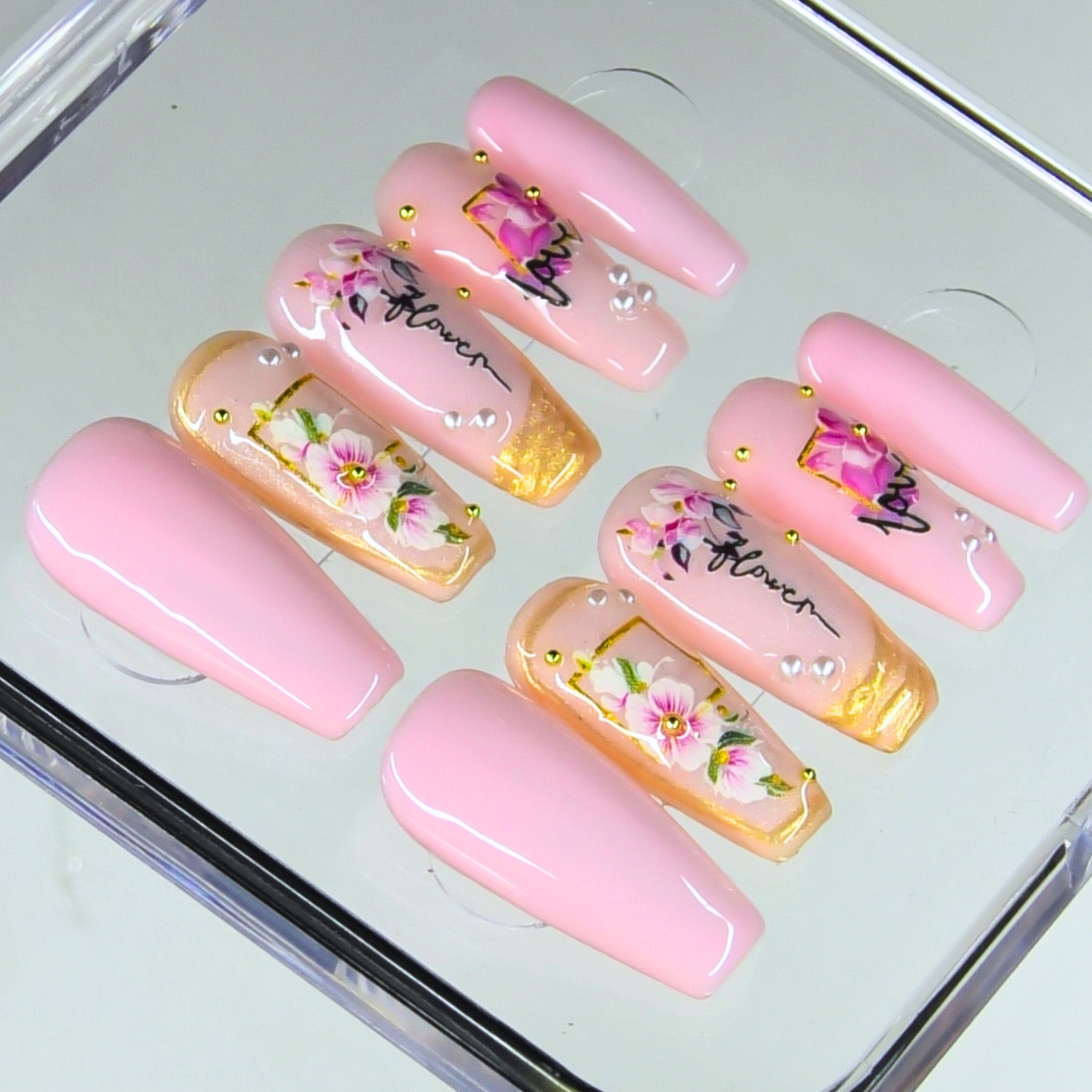 Press On Nails Handmade, Medium Coffin, Size Medium, Pink & Gold Floral