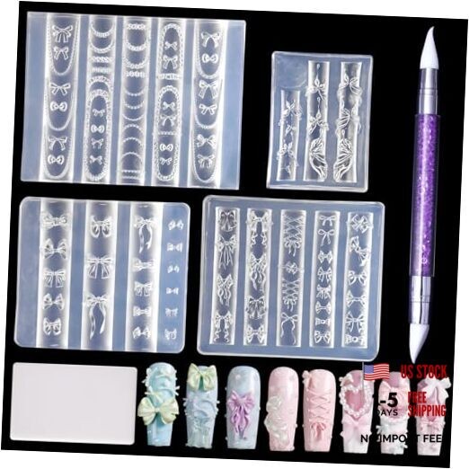 4pcs Silicone Nail Art Molds, 3D Multiple Shapes Ribbon Lace Bows Bowknot