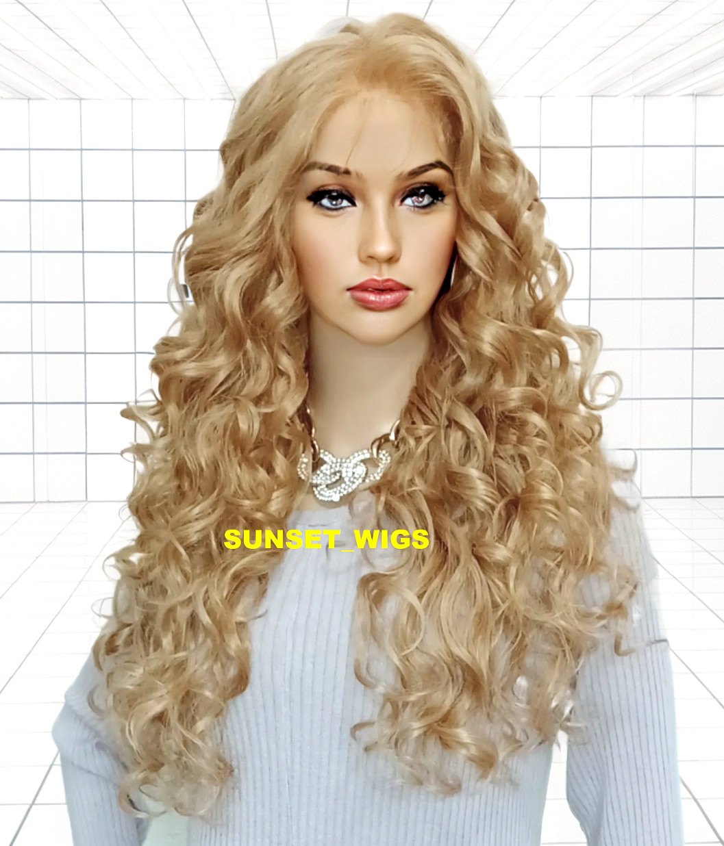 30″ C PART LACE FRONT WIG LONG CURLY LAYERED GOLDEN BLONDE HEAT OK