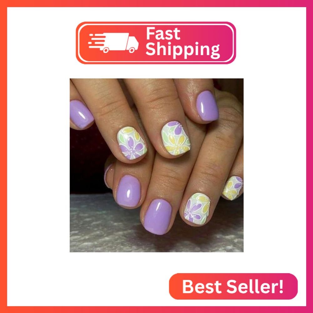 Purple Press on Nails Short Square Fake Nails with Flower Design Floral Glue on
