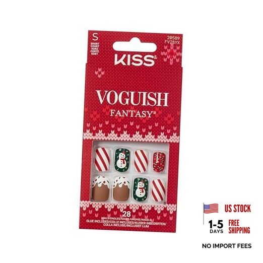 Voguish Fantasy Holiday Press On Nails, ‘’, Multicolor, Short Snow Pops