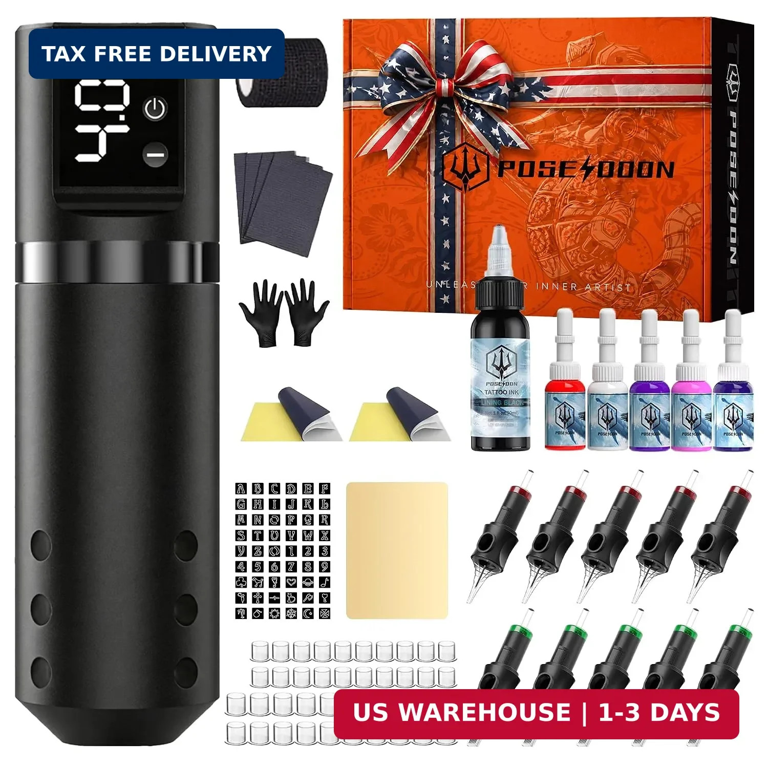 POSEIDON Wireless Rotary Tattoo Gun Kit with Pen Machine, 1500mAh Battery | 3mm