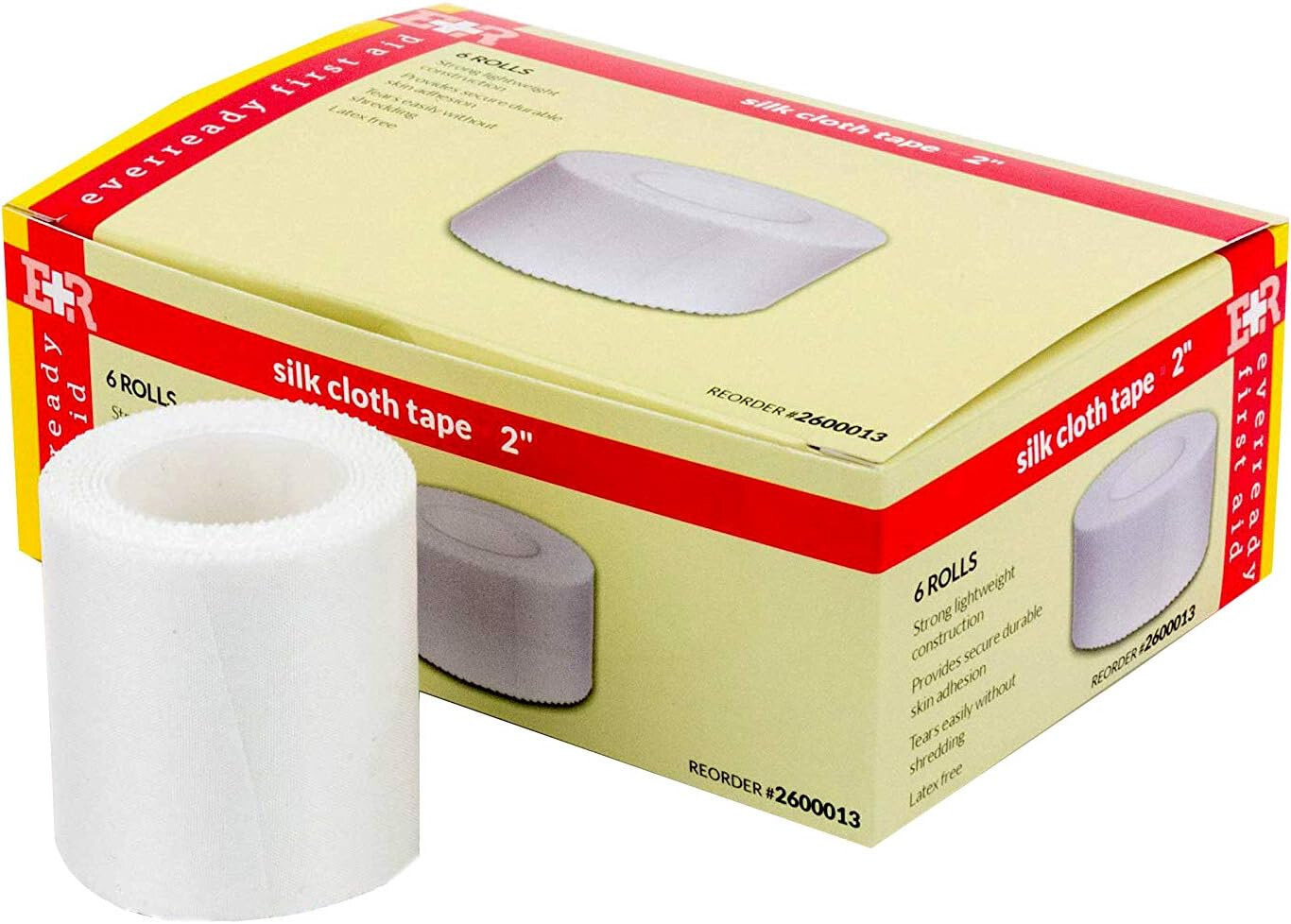 Ever Ready First Aid Adhesive Silk-Like Cloth Tape 2″ x 10 yd – 6 Pack